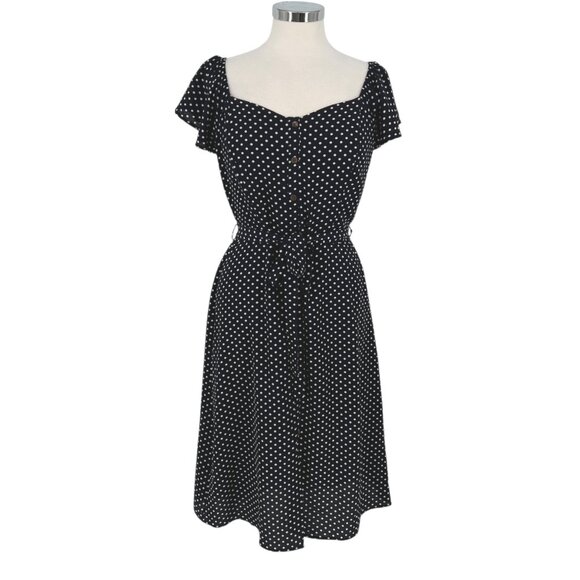 Monteau Polka Dot Flutter Sleeve Midi Dress Navy Blue White Size Large - Picture 1 of 13